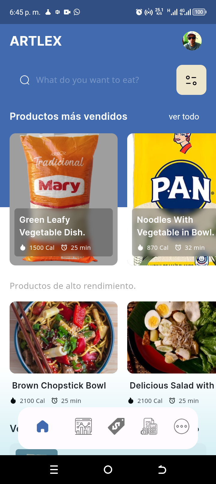 Portada de la app: cabecera azul con el rótulo ARTLEX y foto de perfil, buscador con botón de filtros crema, carrusel de 'Productos más vendidos' con Arroz Mary y Harina P.A.N., y barra inferior flotante de cinco iconos.