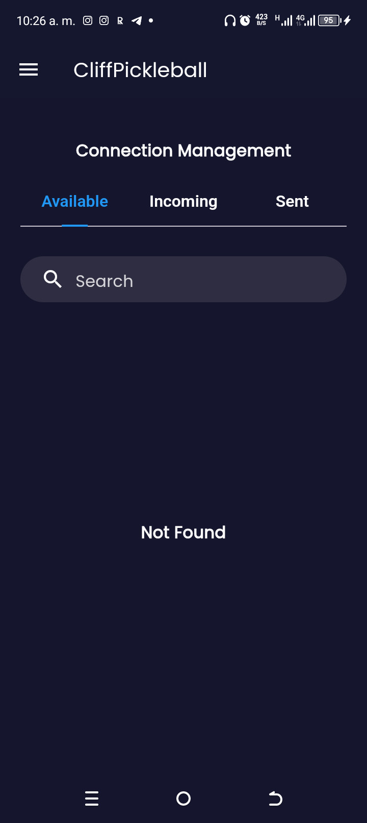 Connection Management con las pestañas Available, Incoming y Sent y estado vacío Not Found