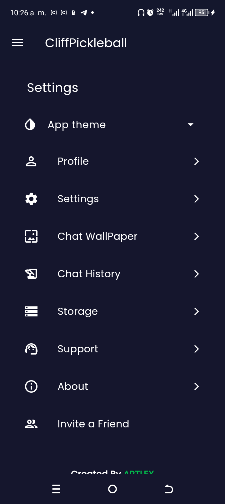 Ajustes en modo oscuro: App theme, Profile, Settings, Chat WallPaper, Chat History, Storage, Support, About e Invite a Friend