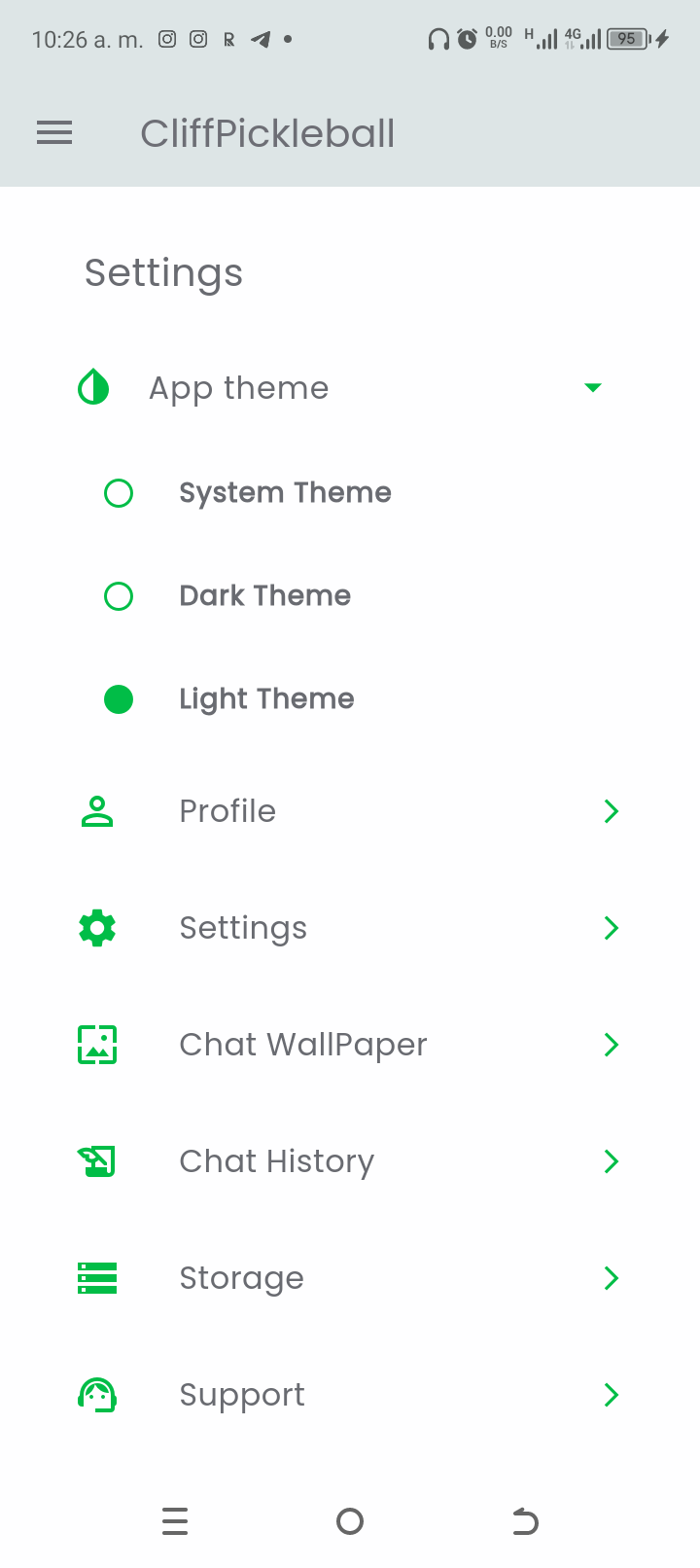 Los mismos ajustes en modo claro con el selector de tema desplegado: System, Dark y Light Theme
