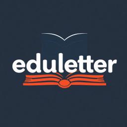 Icono de la app: fondo azul pizarra, palabra 'eduletter' en blanco redondeado y un libro abierto de páginas naranjas debajo del texto