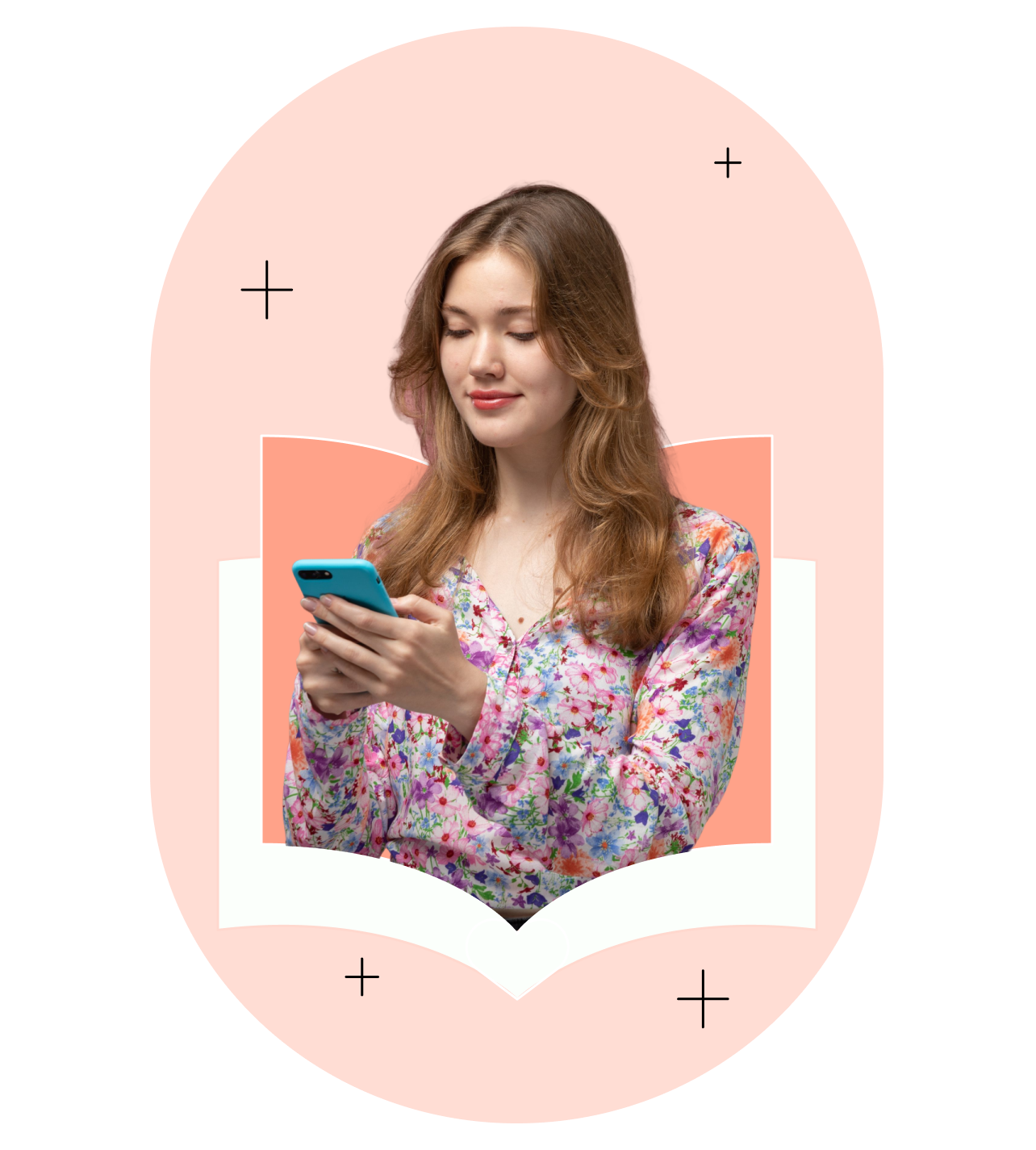 Ilustración del onboarding: retrato recortado sobre un libro abierto naranja dentro de una cápsula rosa con cruces decorativas