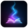 Icono maestro de la aplicación: un libro que se abre en nebulosa, origen de los iconos de lanzador de Android e iOS.
