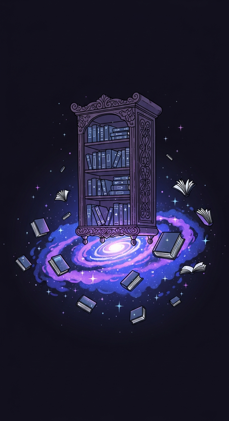 Primera lámina del onboarding: una biblioteca que se deshace en nebulosa. Ilustración generada para el proyecto.