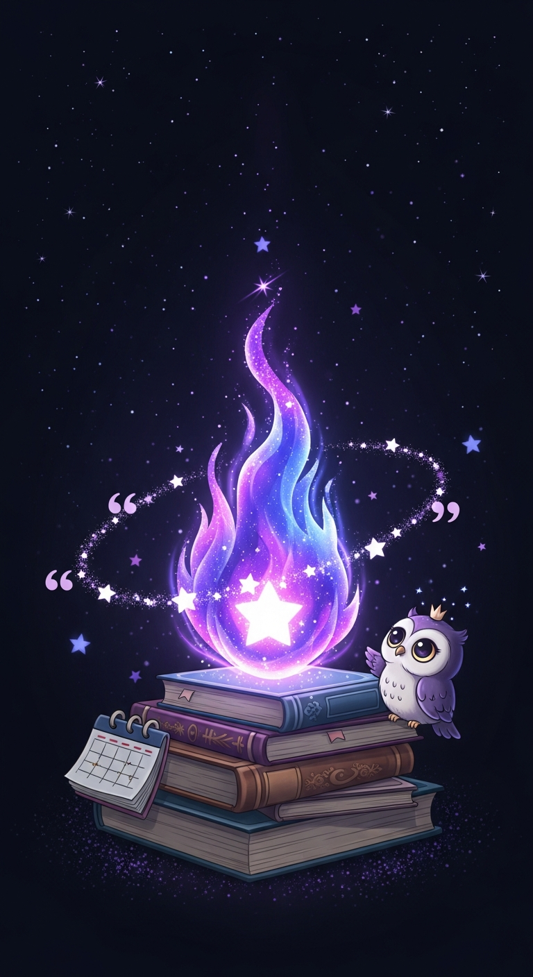 Tercera lámina del onboarding: una llama de racha junto a libros y el búho; representa el hábito y la gamificación.