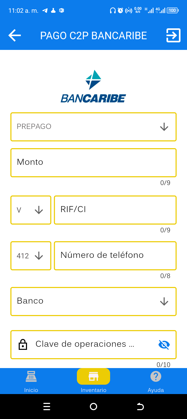 Pago C2P Bancaribe: campos con borde amarillo y contador de caracteres