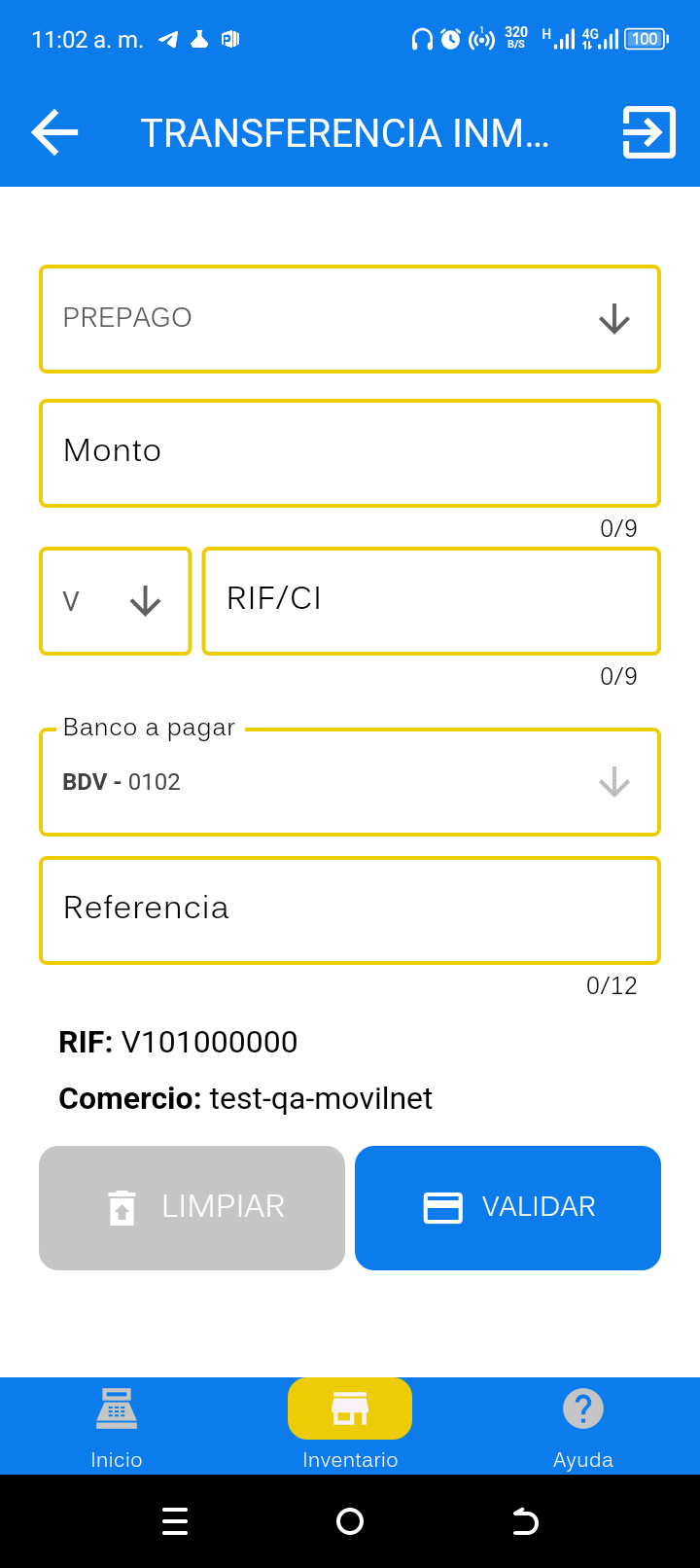 Transferencia inmediata con selección de banco y validación de referencia