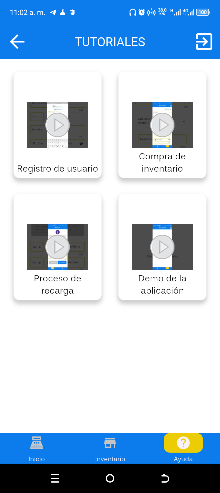 Tutoriales en vídeo: registro, compra de inventario, proceso de recarga y demo