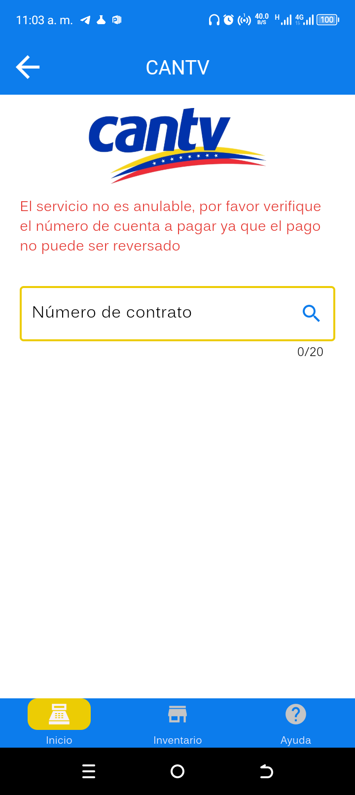 Consulta CANTV por número de contrato con advertencia de pago no reversable