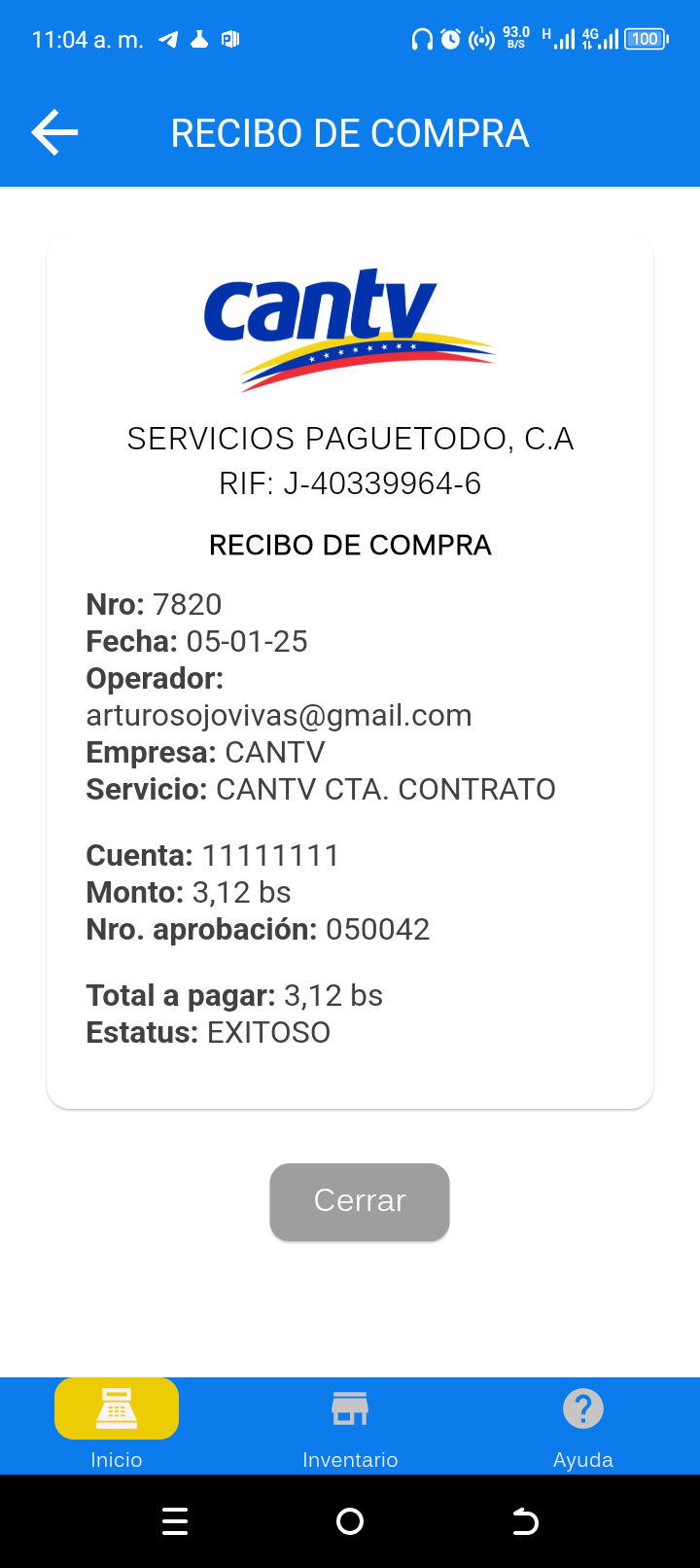 Recibo de compra CANTV emitido por Servicios Paguetodo, C.A.