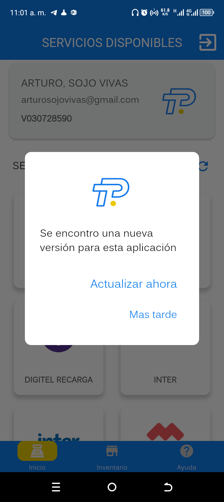 Diálogo de actualización de versión sobre la pantalla de servicios