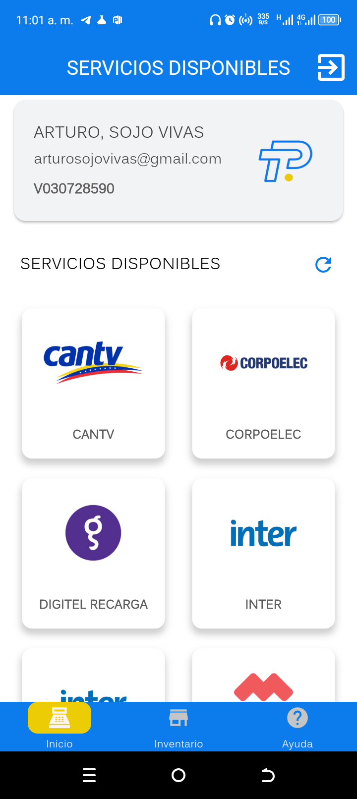 Servicios disponibles: rejilla de tarjetas con CANTV, Corpoelec, Digitel e Inter