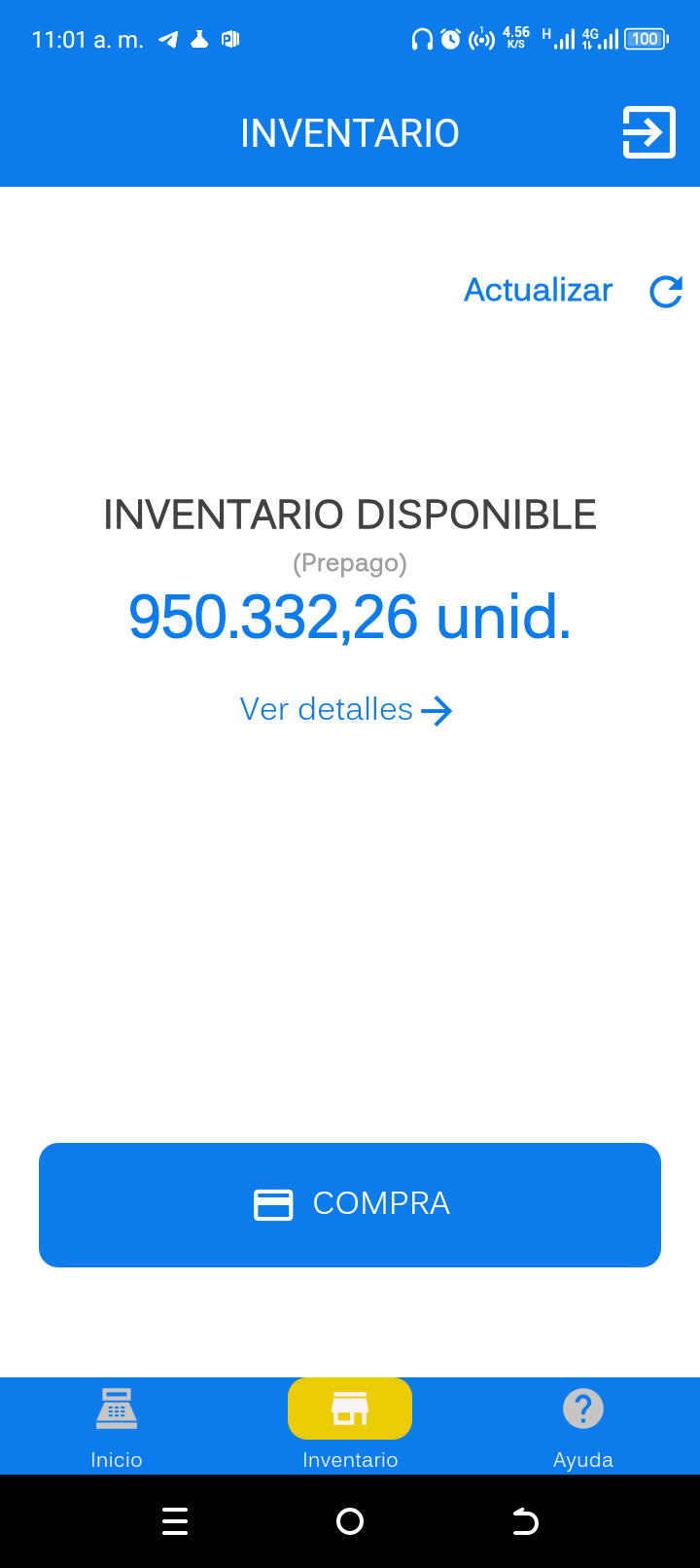 Inventario disponible en prepago, con botón azul de compra