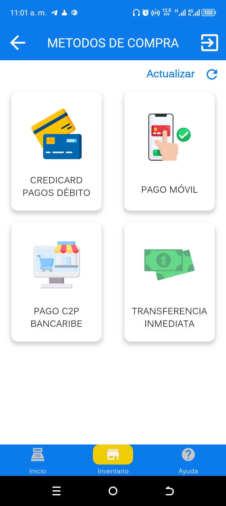 Métodos de compra: Credicard débito, pago móvil, C2P Bancaribe y transferencia inmediata