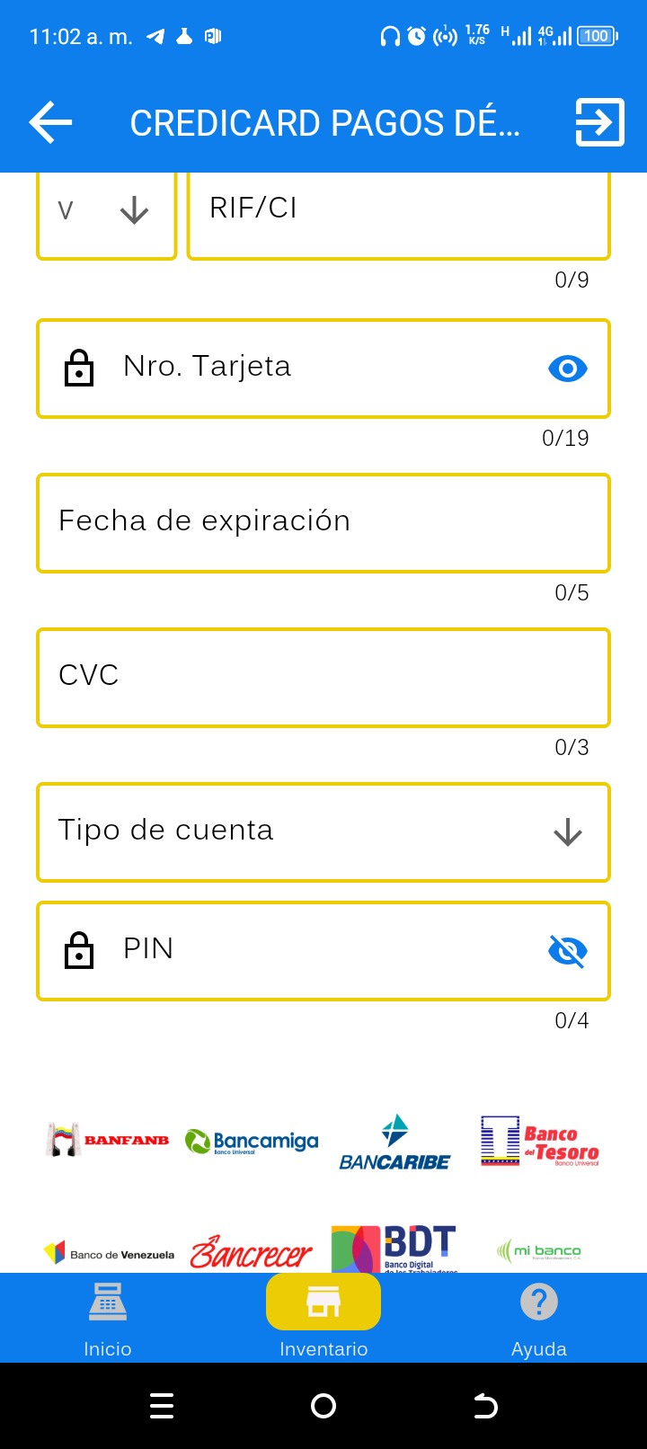 Formulario de pago con tarjeta de débito y cinta de bancos aliados