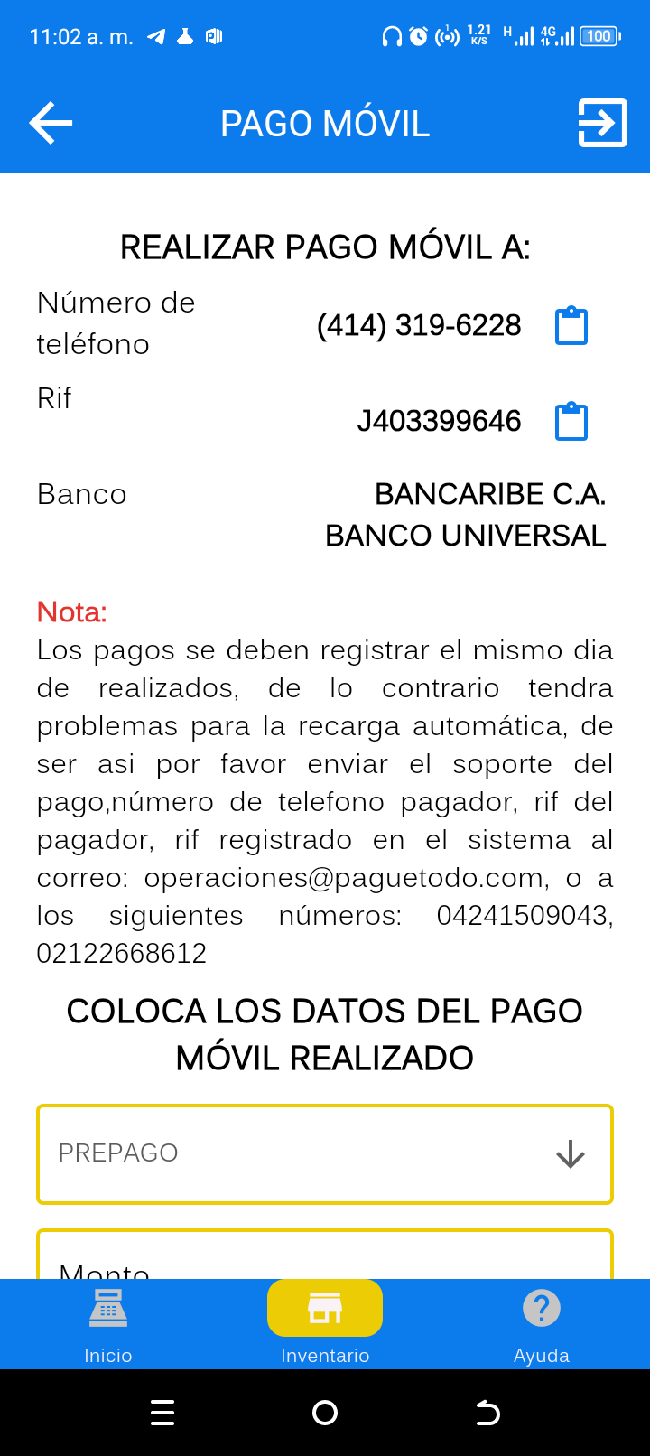 Instrucciones de pago móvil con datos copiables y nota operativa