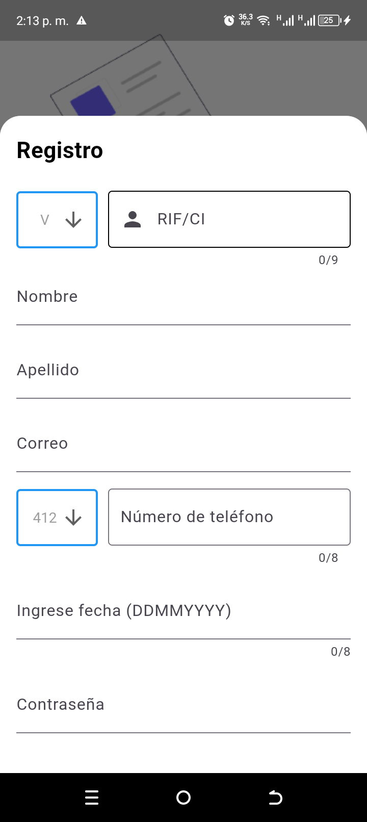 Hoja modal de registro con los campos compuestos venezolanos: letra de documento más RIF/CI (0/9), prefijo 412 más teléfono (0/8) y fecha DDMMYYYY.