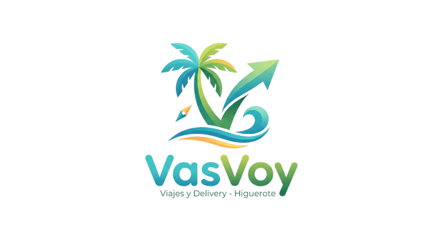 Lockup completo de VasVoy: palmera con flecha en forma de V, ola y brújula sobre degradado turquesa-verde, con la bajada «Viajes y Delivery - Higuerote»